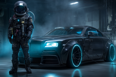 Futuristic astronaut with a blacked-out car and neon rims. Metaphor for AI design power from Digital Kaviar’s AI Design Explained.