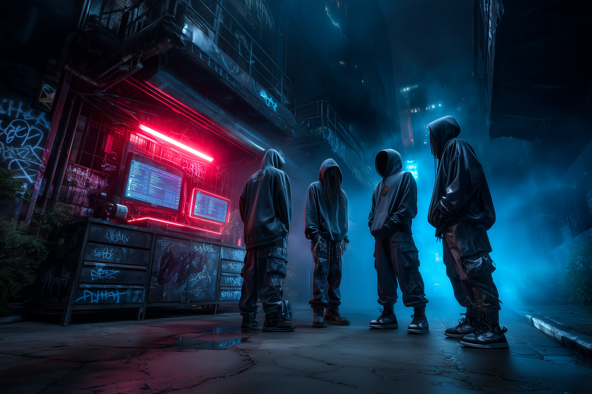 Hooded creators in all-black streetwear gathered at neon-lit AI terminal in a fog-filled alley, surrounded by glitch-coded graffiti and digital command screens