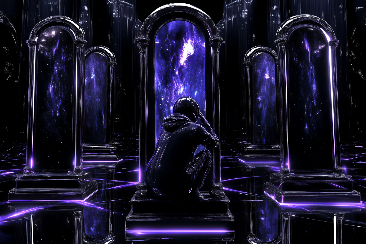 AI image generation by Digital Kaviar featuring a hooded figure surrounded by glowing portals and cosmic, purple-lit columns in a surreal digital environment.
