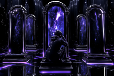 AI image generation by Digital Kaviar featuring a hooded figure surrounded by glowing portals and cosmic, purple-lit columns in a surreal digital environment.