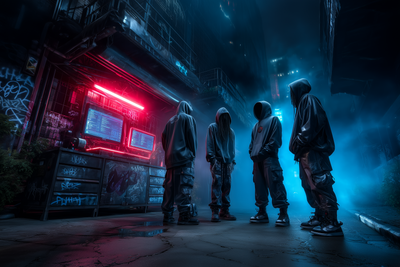 Hooded creators in all-black streetwear gathered at neon-lit AI terminal in a fog-filled alley, surrounded by glitch-coded graffiti and digital command screens