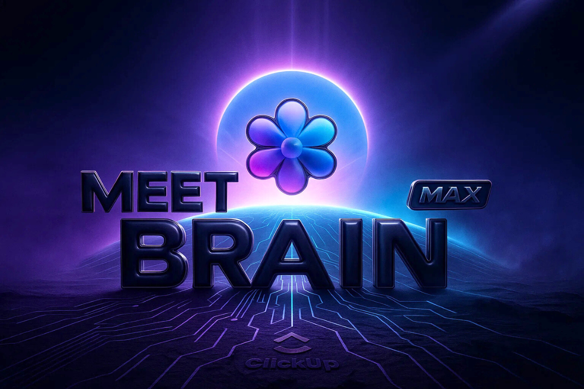 A dramatic hero banner with a futuristic workspace, neon-lit cityscape, and a digital “CLICKUP Brain MAX” interface, all styled in the ultra-luxury, cyber-cinematic look of DIGITAL KAVIAR.