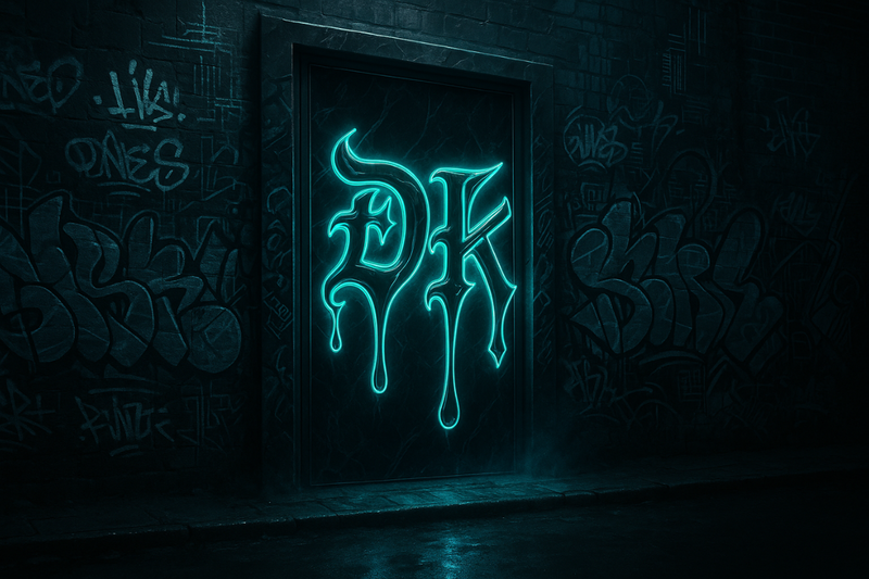 Graffiti-covered black wall with glowing DK glyph doorway illuminated in Tiffany Pulse light, representing an AI-powered entry to Digital Kaviar’s creative universe