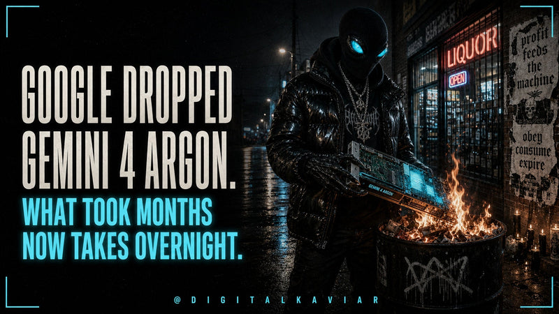 DIGITAL KAVIAR outlaw figure holding a glowing cyan Gemini 4 Argon server blade over a burning barrel in a rain-soaked alley.
