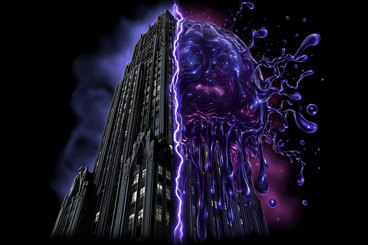 Midjourney lawsuit impact shown through gothic building split by purple energy, representing Warner Bros vs Midjourney AI copyright case disruption